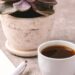 A white cup of black coffee sits on a textured, light-colored surface next to a white notebook and pen. In the background, a small succulent plant in a rustic, light-colored ceramic pot adds a touch of greenery to the clean, minimalist setting.